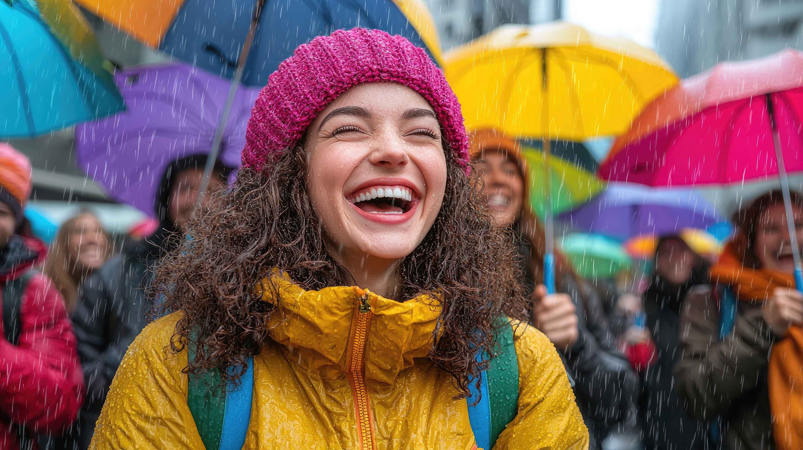 People laughing under colorful umbrellas in rain, city background, possible use for happiness, joy, celebration People laughing under colorful umbrellas in rain, city background, possible use for happiness, joy, celebration