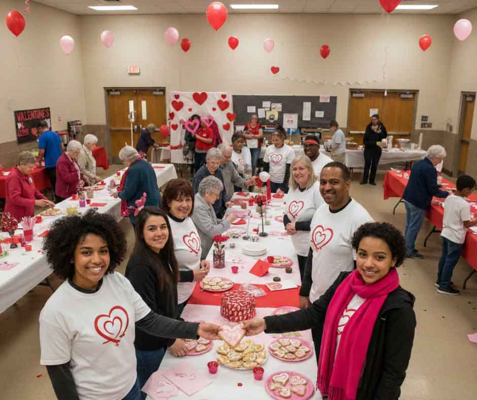 A community Valentine’s Day event with diverse people in heart-themed shirts, decorating tables with red and pink balloons, enjoying festive treats.